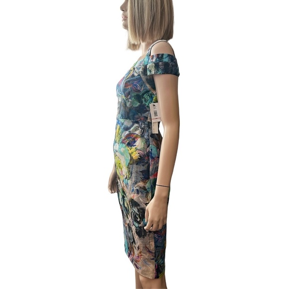 Nicole Miller New York Wiggle Sheath Dress Cold Shoulder Abstract Floral Multi - Picture 9 of 16